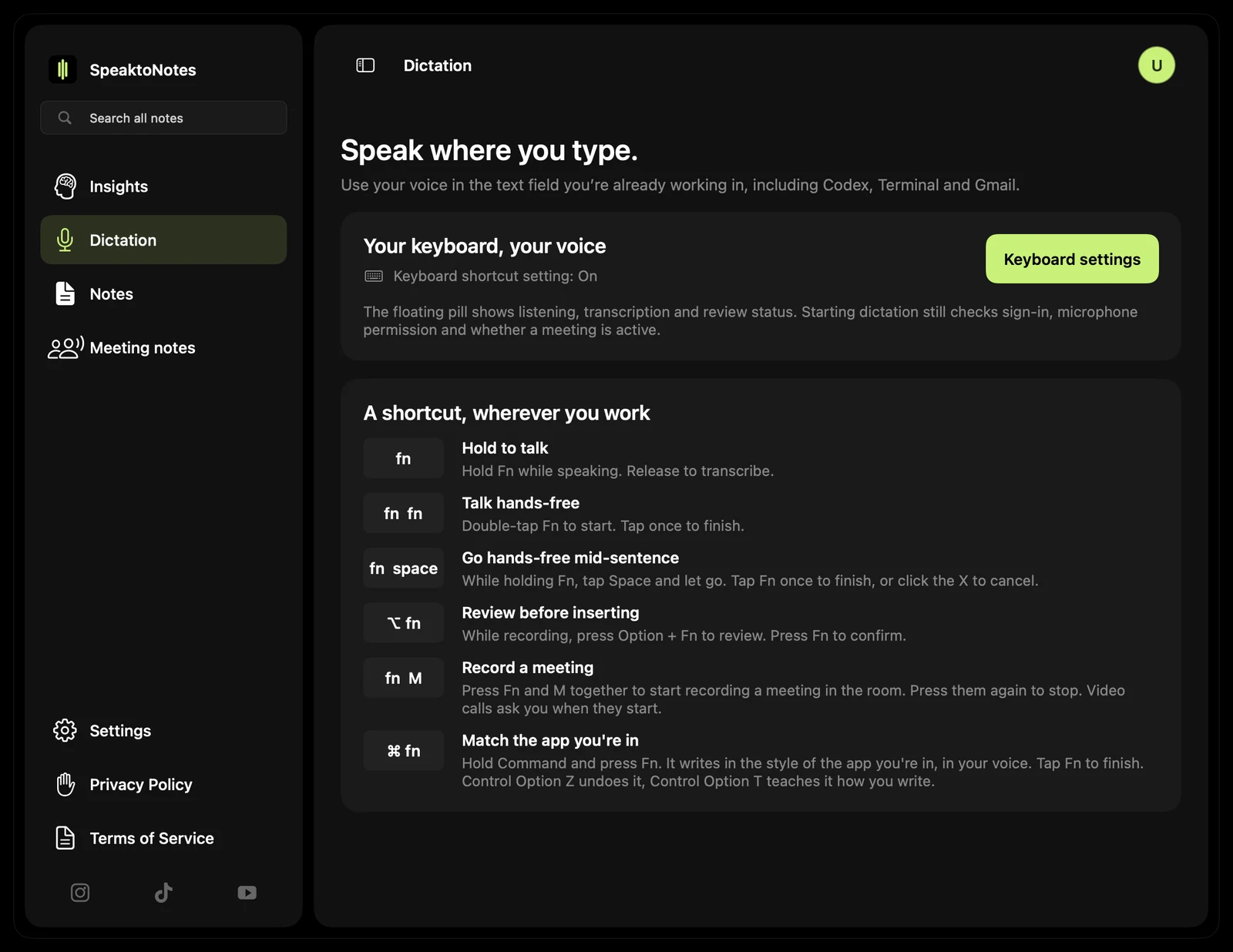 The SpeaktoNotes dictation page listing every keyboard shortcut