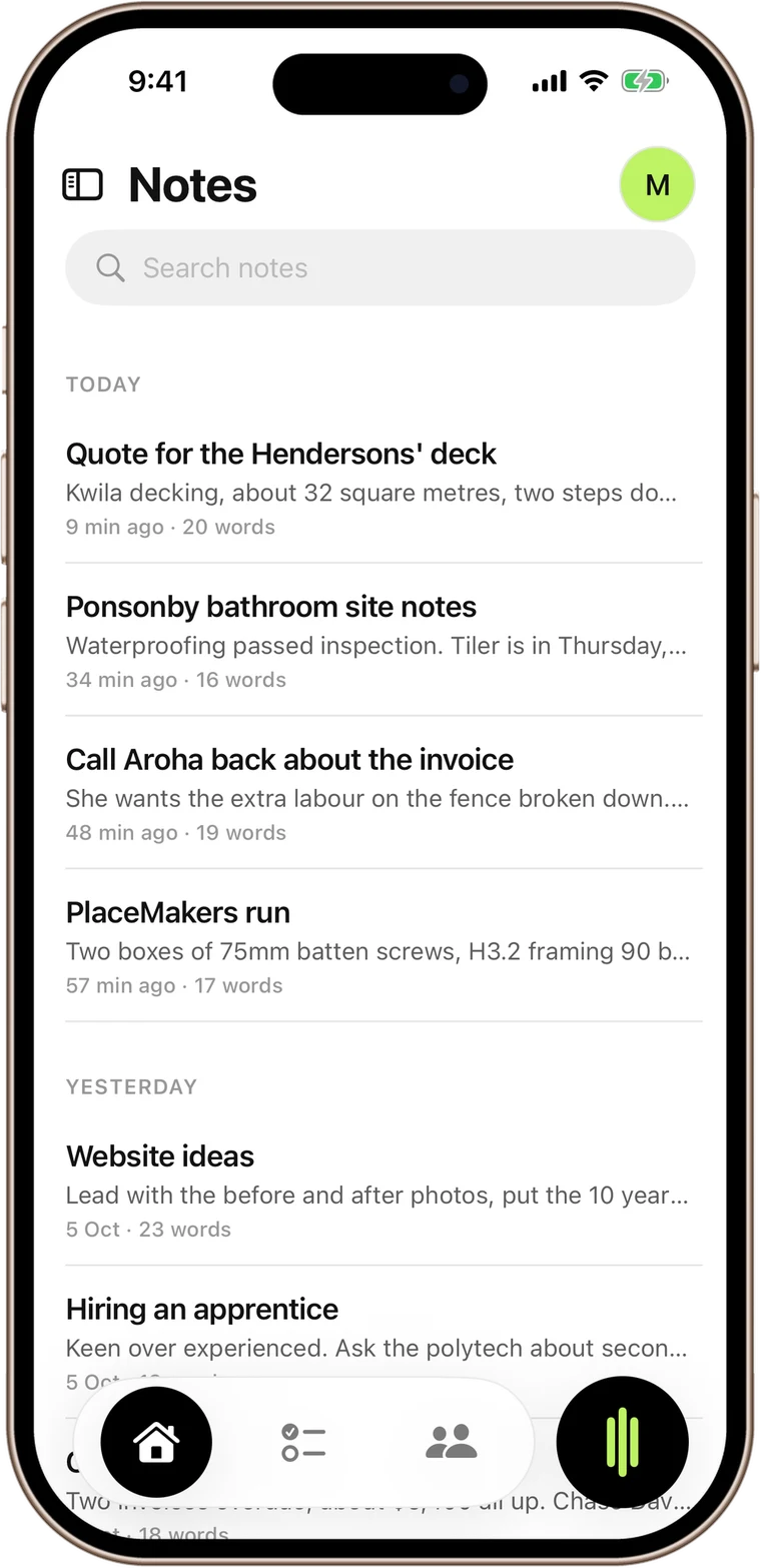 SpeaktoNotes on an iPhone, the notes list