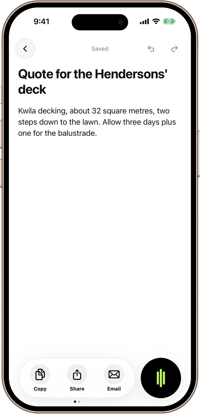 A finished SpeaktoNotes note on an iPhone, with copy, share and email buttons