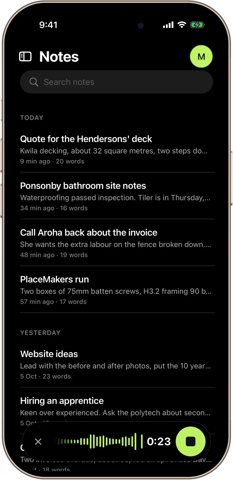 SpeaktoNotes on an iPhone, recording a note over the notes list with the lime waveform pill
