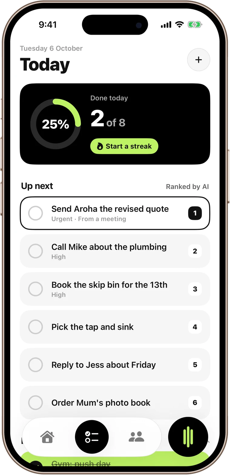 The SpeaktoNotes Today screen with tasks ranked by AI