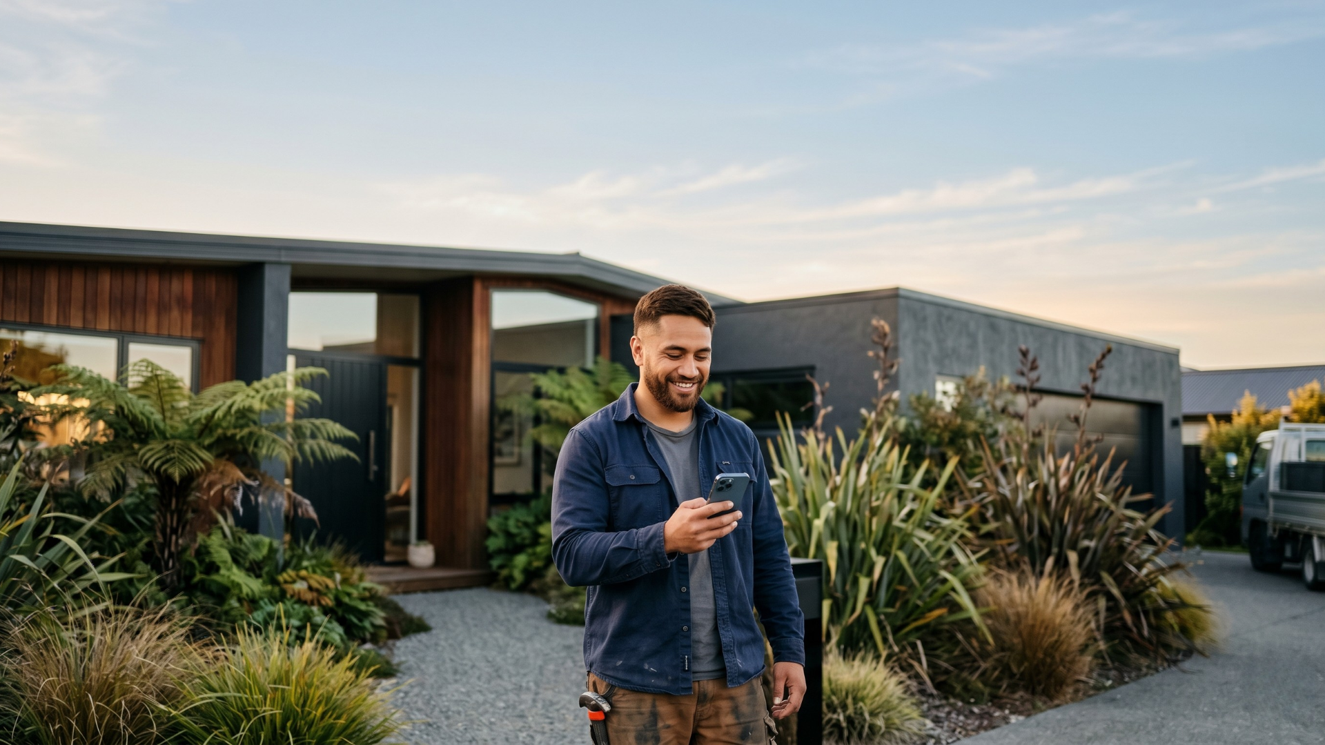 Person using SpeaktoNotes voice to text app on iPhone outside a modern home at golden hour